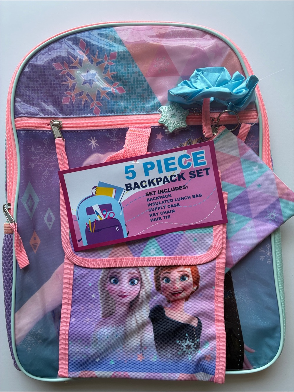 Licensed Pink & Purple Kids 5-Piece Backpack Set with Hair Tie